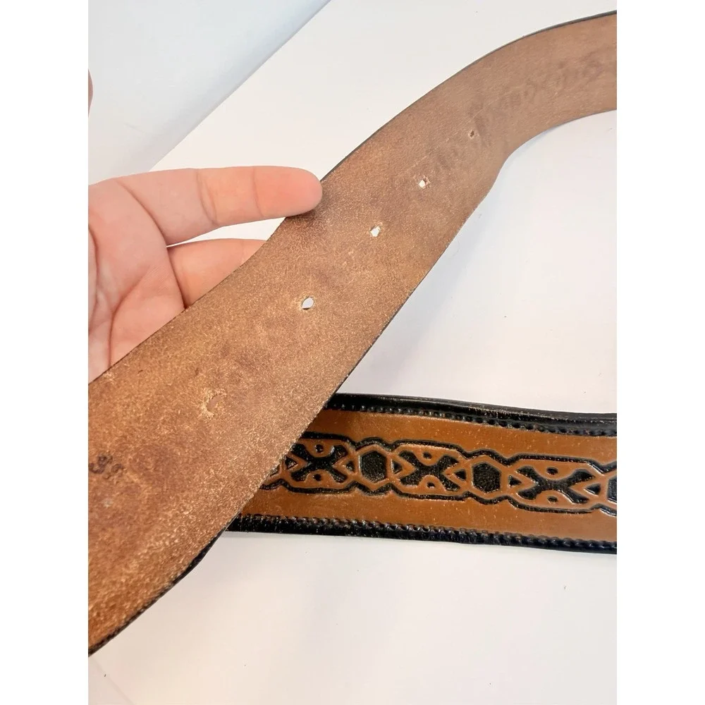 Hand Tooled Leather Belt Black Geometric Accents Vintage 38